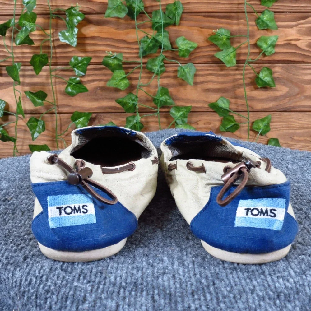 TOMS Alton Mens Boat Shoe Alpargata Size 10.5 Casual Slip On Cream Blue Canvas